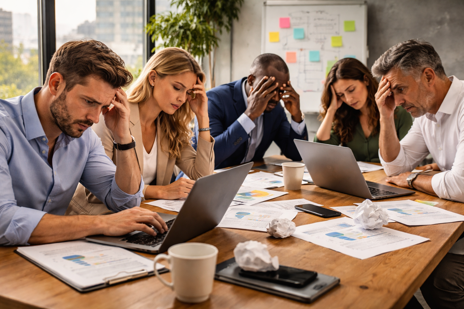 Equipo bajo presión en sala de reuniones